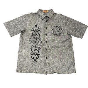 Vintage Royal Prestige Short Sleeved Button Down Embroidered Shirt Gray Black XL